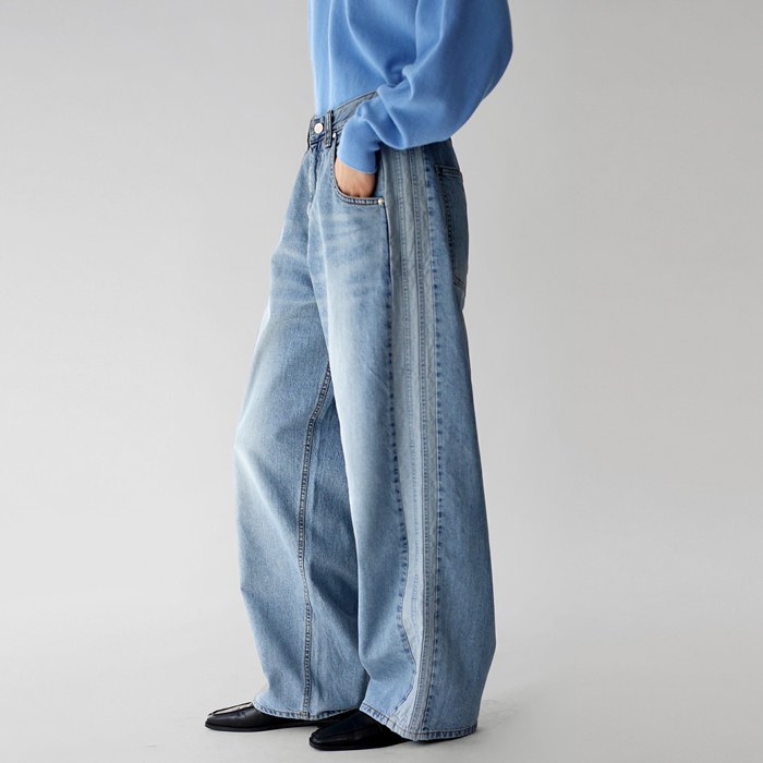 Side color matching wide denim pants