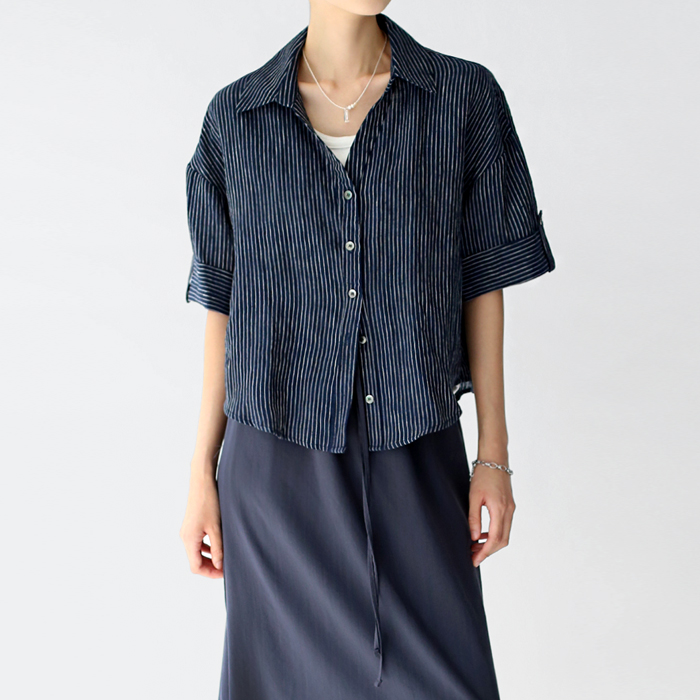 Striped linen crop shirt
